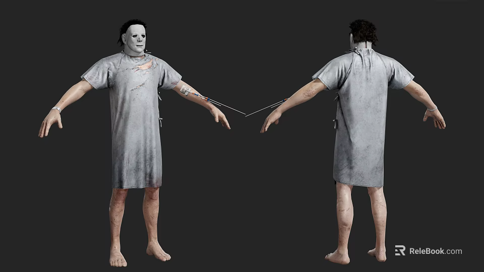 Man in Gray Stained Robe With Mask Standing Front and Back Views 3d model 