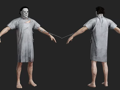 Man in Gray Stained Robe With Mask Standing Front and Back Views 3d model