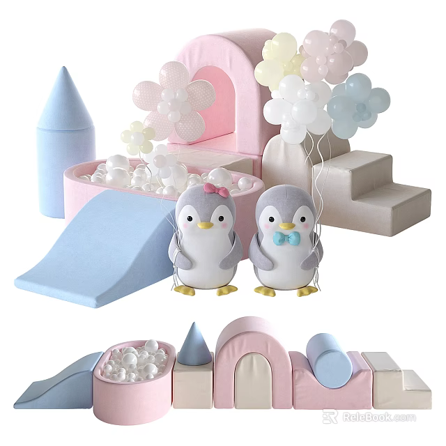 Colorful Kids Play Equipment With Slide Ball Pit Penguin Dolls Flower Balloons And Castle Structure 3d model 