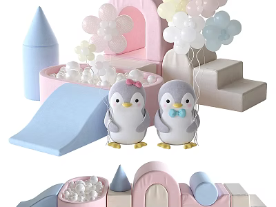 Colorful Kids Play Equipment With Slide Ball Pit Penguin Dolls Flower Balloons And Castle Structure 3d model