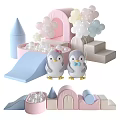Colorful Kids Play Equipment With Slide Ball Pit Penguin Dolls Flower Balloons And Castle Structure