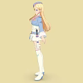 Cartoon Style Woman Wearing Blue White Outfit Hat Long Hair Holding Items