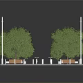 Urban Rest Area Scene With Two Green Trees Street Lamps Wooden Benches And Paved Ground