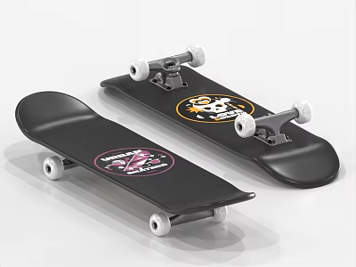 Black Sports Equipment Skateboards With Different Graphic Designs White Wheels And Metal Trucks 3d model