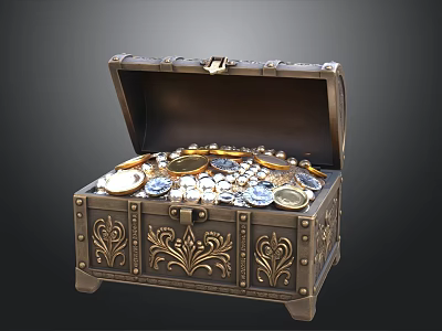 Open Ornate Treasure Chest Filled With Gold And Silver Coins 3d model