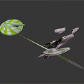 Green And White Spacecraft Flying With Laser Beams In Cosmic Space
