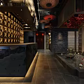 Traditional Chinese Restaurant Interior With Round Window Lanterns Wooden Lattice And Rockery Decor