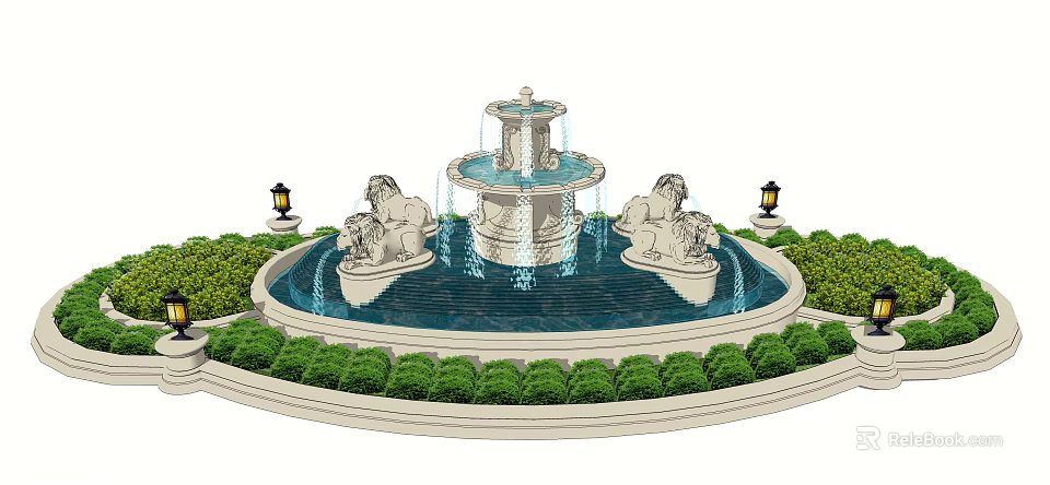 Ornate Three Tiered Fountain With Lion Statues Lamp Posts And Surrounding Greenery 3d model 
