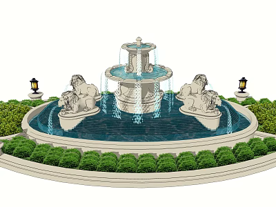 Ornate Three Tiered Fountain With Lion Statues Lamp Posts And Surrounding Greenery 3d model