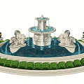 Ornate Three Tiered Fountain With Lion Statues Lamp Posts And Surrounding Greenery