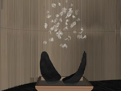 White Feather Like Chandelier Hanging Over Black Sculptural Base With Wooden Vertical Stripe Background 3d model