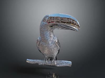 Toucan Sculpture With Silver Metallic Finish Perched On Wooden Branch 3d model