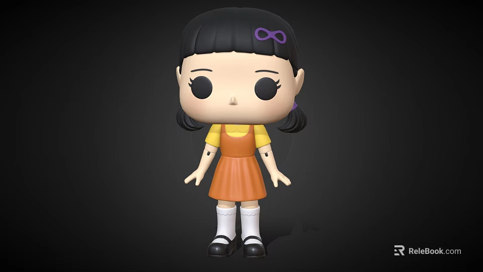 Cute Chibi Game Movie Character With Black Pigtails Purple Bow Yellow Top And Orange Dress 3d model 