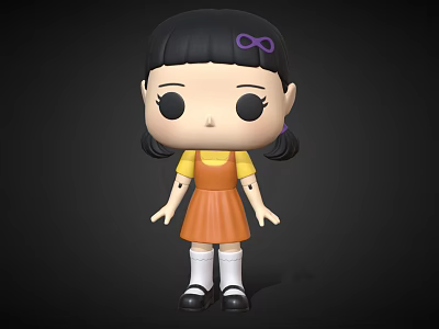 Cute Chibi Game Movie Character With Black Pigtails Purple Bow Yellow Top And Orange Dress 3d model
