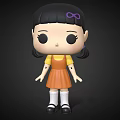 Cute Chibi Game Movie Character With Black Pigtails Purple Bow Yellow Top And Orange Dress