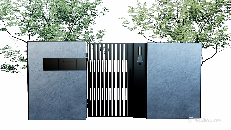 Modern Courtyard Garden Landscape Featuring Gray Walls Black Grille Gate And Green Trees 3d model 