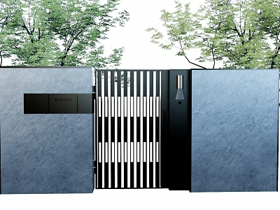 Modern Courtyard Garden Landscape Featuring Gray Walls Black Grille Gate And Green Trees 3d model