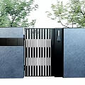 Modern Courtyard Garden Landscape Featuring Gray Walls Black Grille Gate And Green Trees