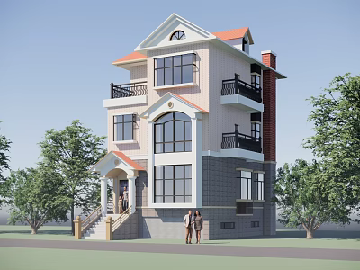 Three Story Detached Villa With Red Roof White Gray Exterior Balconies Windows And Trees 3d model