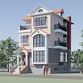 Three Story Detached Villa With Red Roof White Gray Exterior Balconies Windows And Trees
