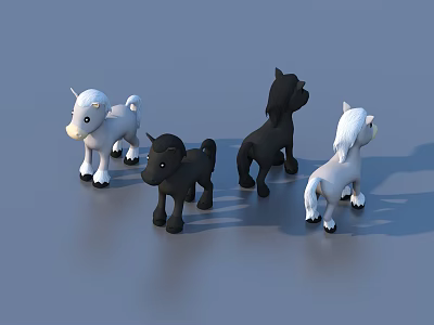 Cute Black And White Toy Ponies Standing In Group Of Four 3d model