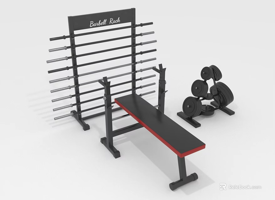 Sturdy Fitness Equipment With Barbell Rack Multiple Bars Weight Bench Red Top And Dumbbells 3d model 