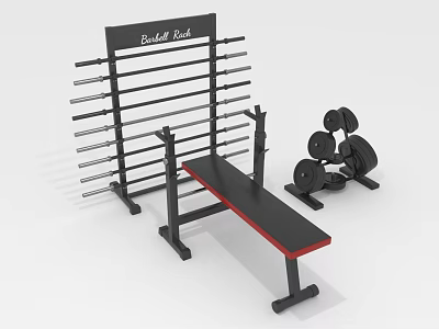 Sturdy Fitness Equipment With Barbell Rack Multiple Bars Weight Bench Red Top And Dumbbells 3d model