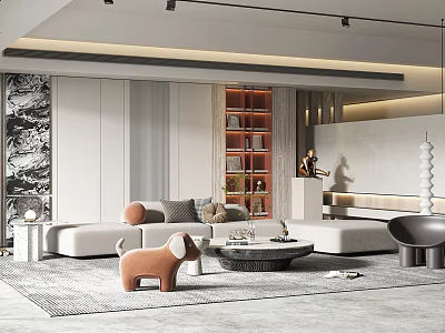 Contemporary Living Room Interior Design With Light Sofa Round Coffee Table Textured Wall And Bookshelf 3d model