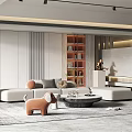 Contemporary Living Room Interior Design With Light Sofa Round Coffee Table Textured Wall And Bookshelf