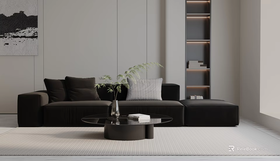 Modern Three Seater Sofa With Black Upholstery Throw Pillows Glass Coffee Table And Potted Plant 3d model 