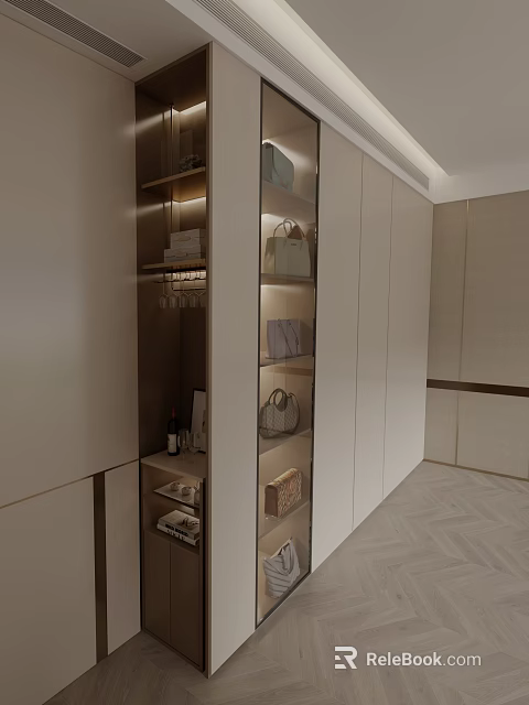Elegant Modern Wardrobe Interior With Open Shelves Handbags And Storage Compartments 3d model 