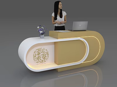Modern Curved Reception Desk With White Gold Design Laptop And Purple Flowers 3d model