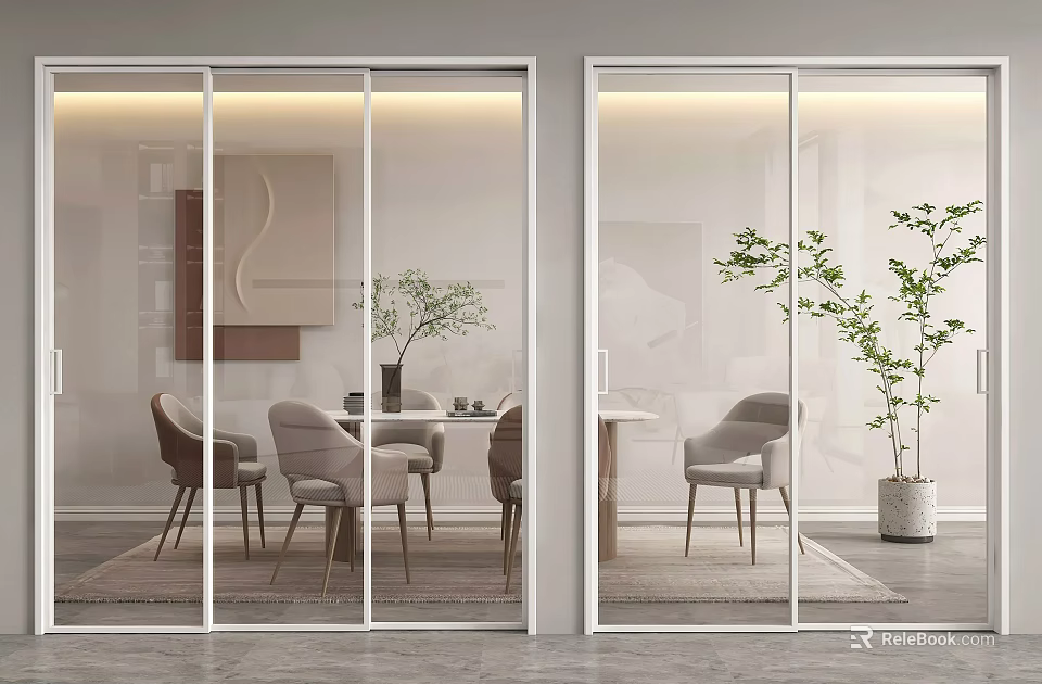 Modern Glass Sliding Doors in Contemporary Interior with Dining Table Chairs and Green Plants 3d model 