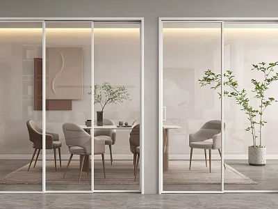 Modern Glass Sliding Doors in Contemporary Interior with Dining Table Chairs and Green Plants 3d model