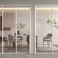 Modern Glass Sliding Doors in Contemporary Interior with Dining Table Chairs and Green Plants