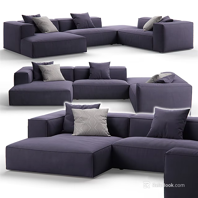 Modern Deep Purple Sectional Sofa With Comfortable Seats And Decorative Pillows 3d model