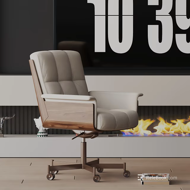Modern Leather Office Chair With Wooden Armrests And Swivel Base In Contemporary Interior 3d model 