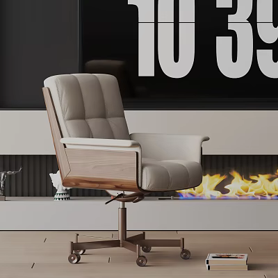Modern Leather Office Chair With Wooden Armrests And Swivel Base In Contemporary Interior 3d model