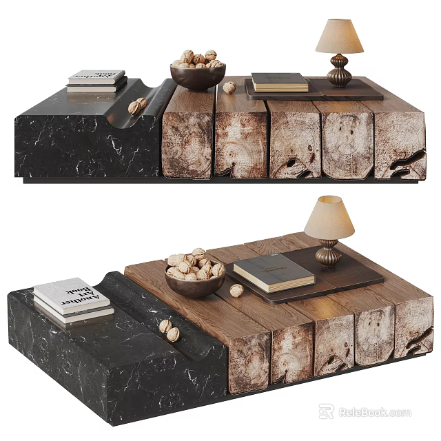 Modern Coffee Table With Black Marble And Wooden Top And Books Bowl Lamp On Surface 3d model 