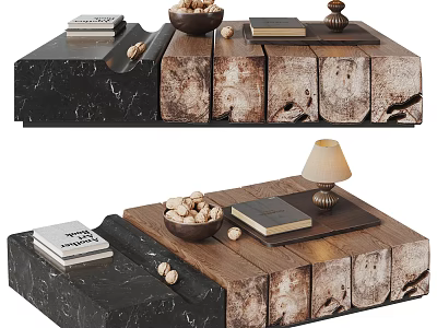 Modern Coffee Table With Black Marble And Wooden Top And Books Bowl Lamp On Surface 3d model