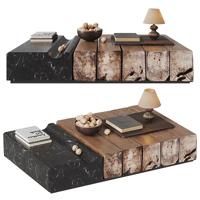 Modern Coffee Table With Black Marble And Wooden Top And Books Bowl Lamp On Surface 3d model