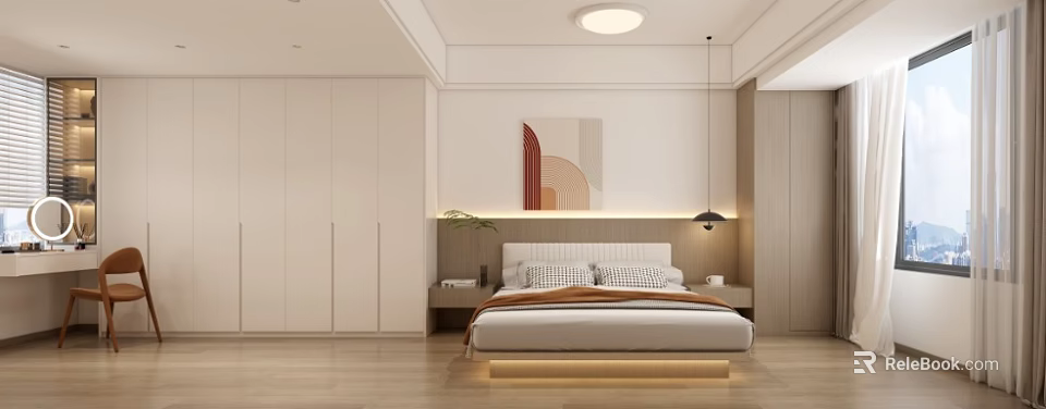Tatami Bedroom Interior With Built in Wardrobes Decorative Painting And Warm Lighting 3d model 