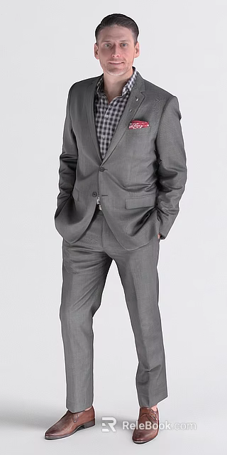 Man Wearing Gray Suit Standing with Hands in Pockets Formal Attire 3d model 