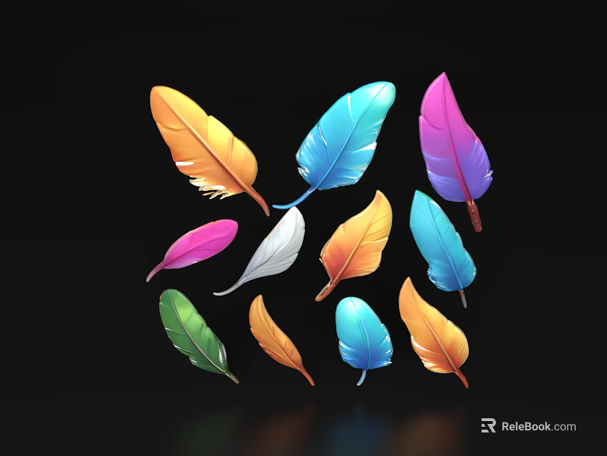 Vibrant Colorful Feather Decorative Ornament Set with Assorted Colors for Home Decoration 3d model 