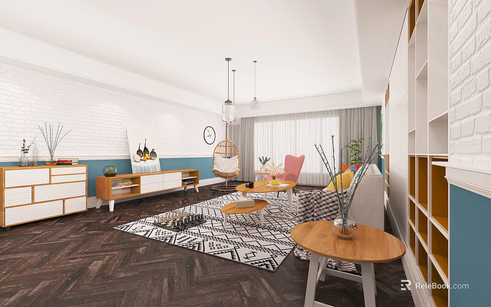 Modern Living Room Design Featuring White Brick Wall Blue Accent Herringbone Floor And Geometric Rug 3d model 