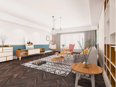 Modern Living Room Design Featuring White Brick Wall Blue Accent Herringbone Floor And Geometric Rug 3d model
