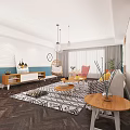Modern Living Room Design Featuring White Brick Wall Blue Accent Herringbone Floor And Geometric Rug