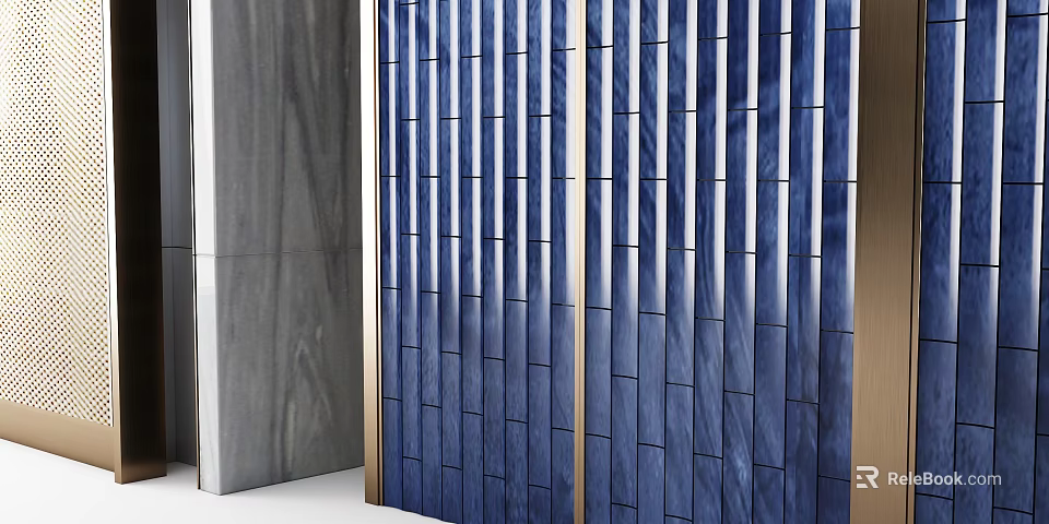 Blue Vertical Striped Background Wall With Metal Frame And Adjacent Gray Marble 3d model