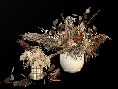 Decorative Vases With Dried Flowers Feathery Plants And Leaves On Black Background 3d model