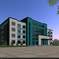 Modern Office Building With Teal White Exterior Multiple Windows Spacious Plaza And Surrounding Trees